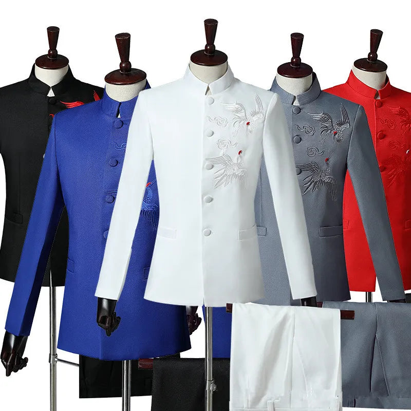 2025 New Men Chinese Style Embroidered Standing Collar Suit 2 Piece Fashion Homme Wedding Prom Party Performance Blazer and Pant